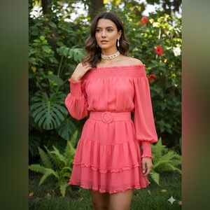 NWT BCBGeneration Belted Off Shoulder Coral Ruched Neckline/Wrists Lined Size 6